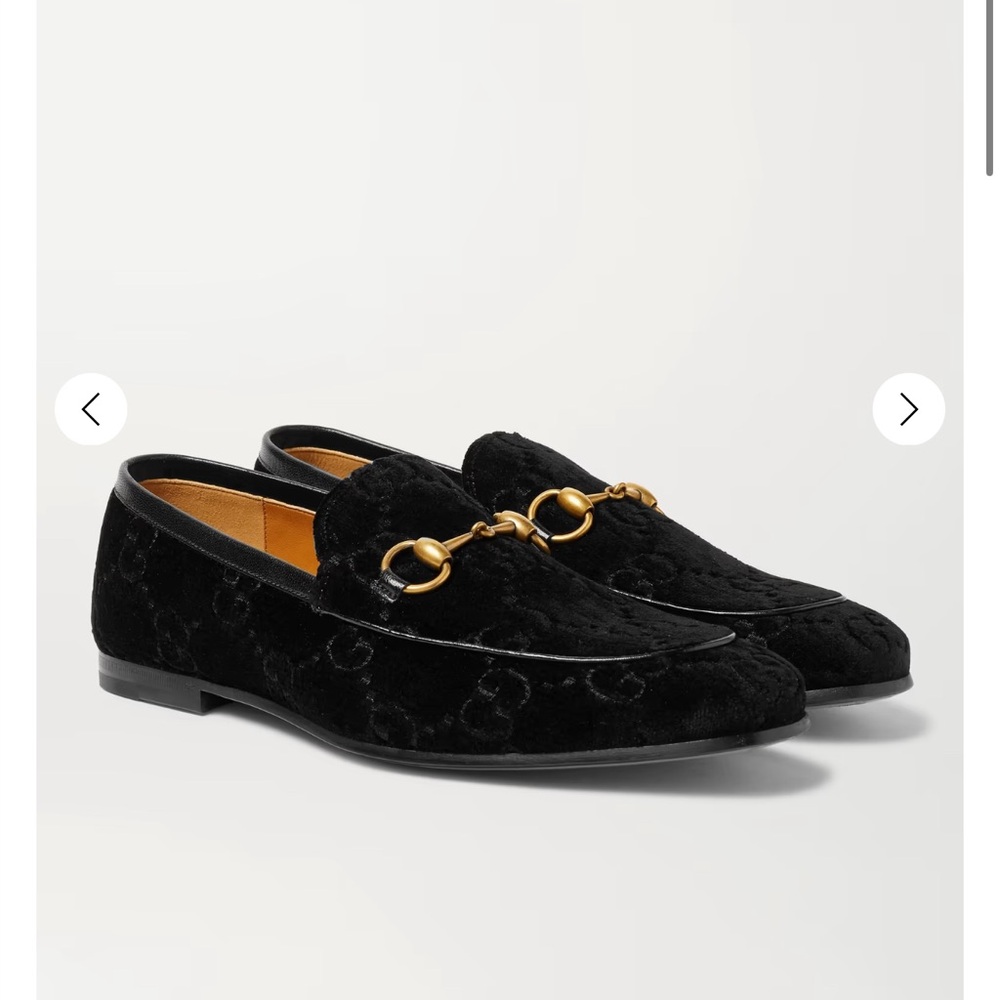Gucci Black Velvet Loafers with Gold Accent